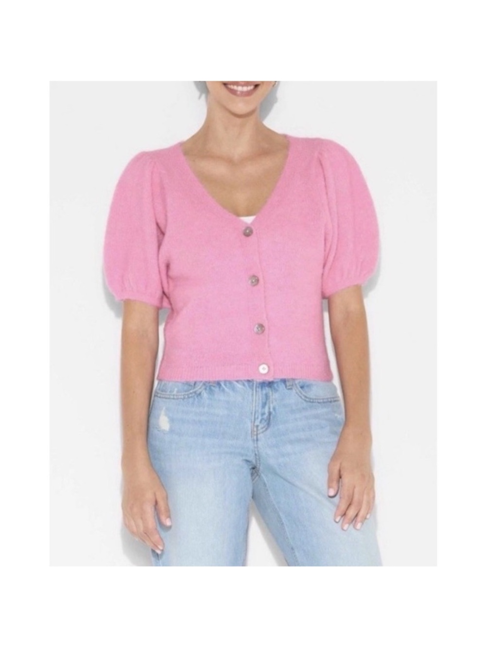 Wild Fable Women's Puff Short Sleeve V-Neck Pink Cardigan